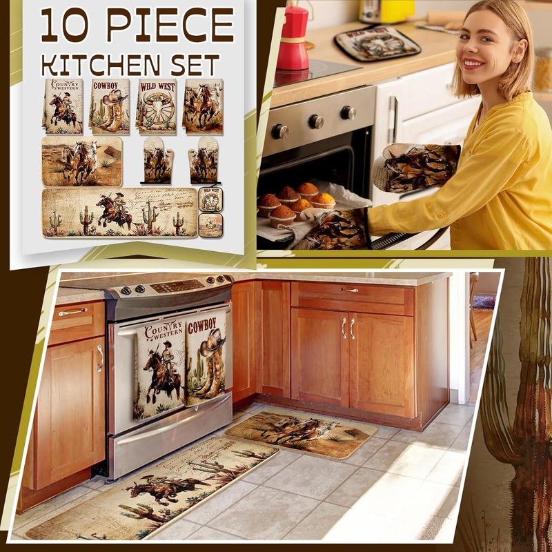 Fourluoo 10 Pcs Western Cowboy Kitchen Decor Oven Mitts and Pot Holders Set Western Cowboy Kitchen Accessories Vintage Dish Towels Farmhouse Rugs and Mats for Home Cooking Baking Housewarming Gifts - Image 2